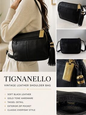 Vintage Tignanello Black Leather Adjustable Shoulder‎ Bag Tassel